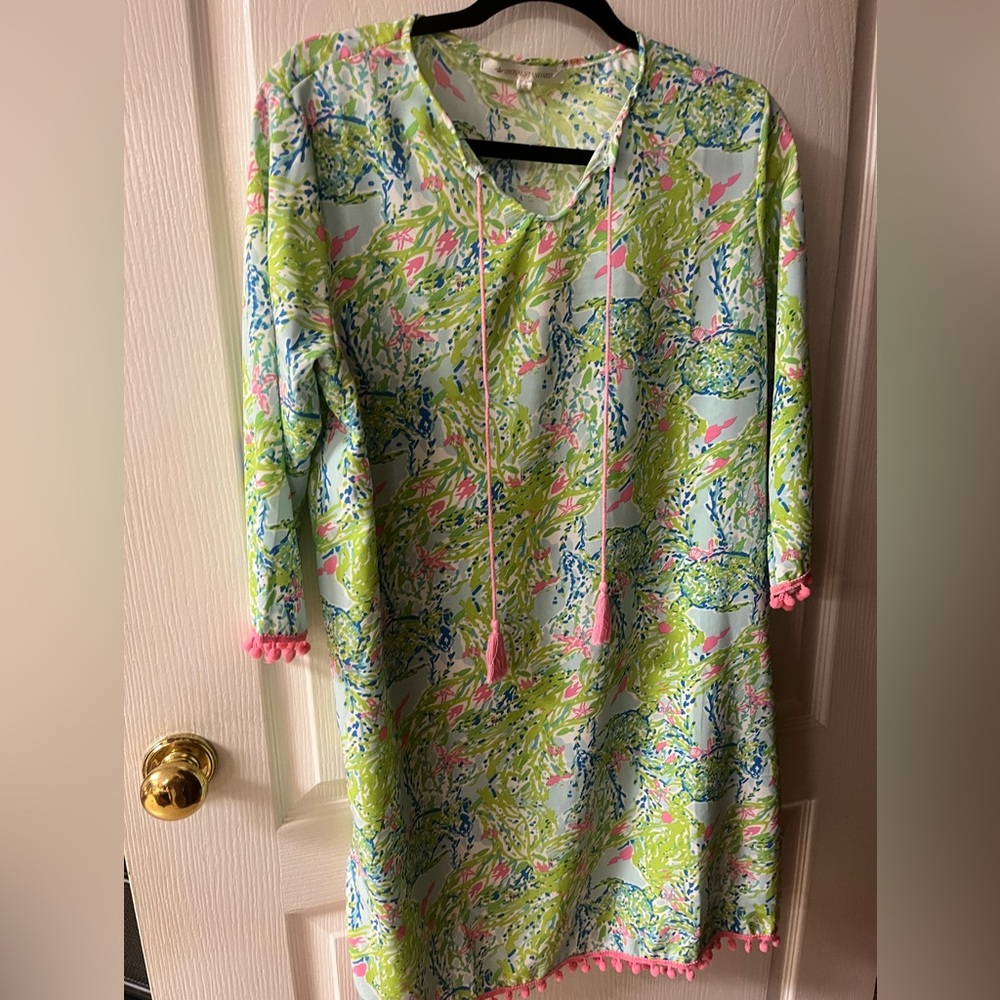 NWT Colorful Patterned  Tunic Caftan or swimsuit cover-up with pink pom-pom trim